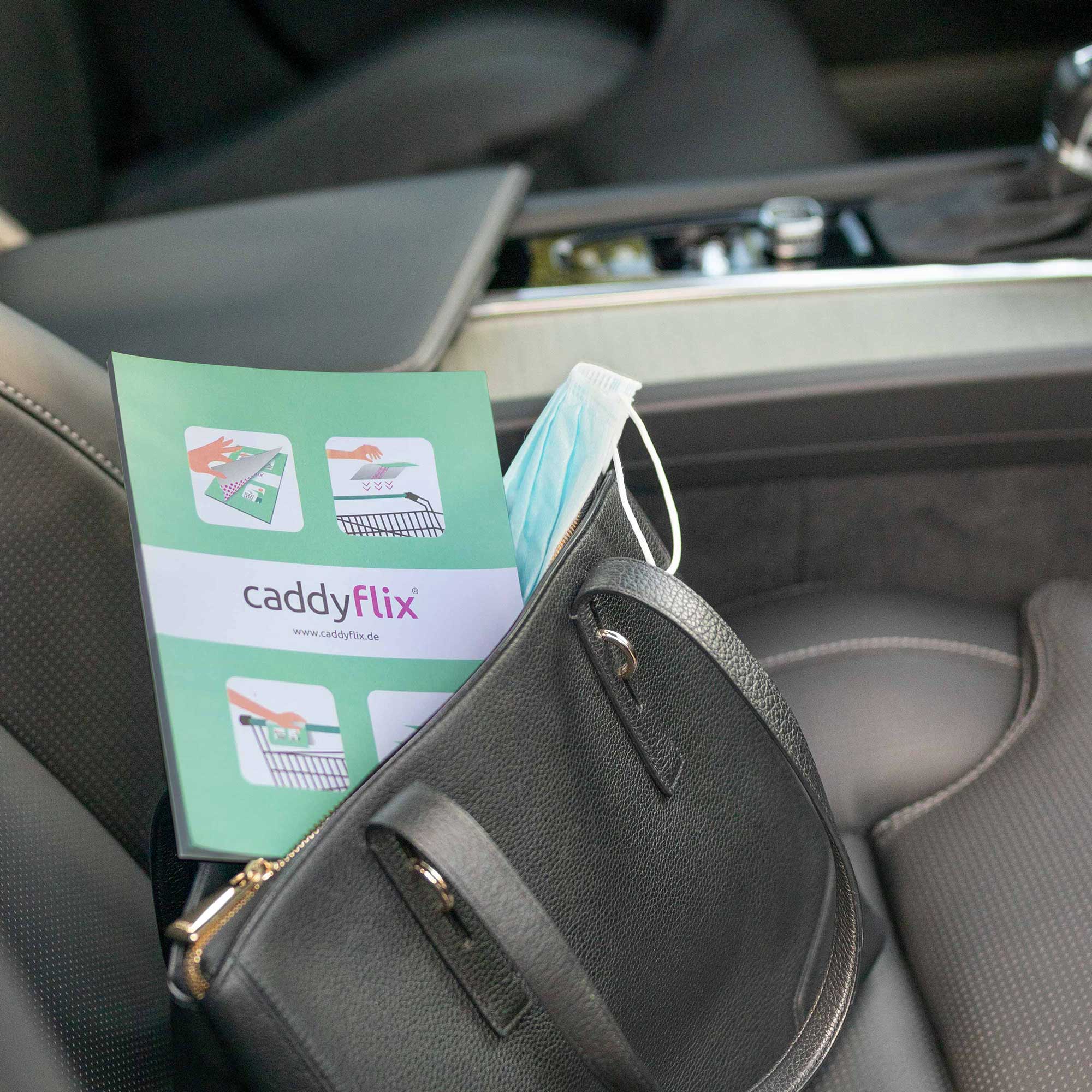 caddyflix ®, selbstklebender Hygieneschutz für Einkaufswagen (8 x 50 Blatt im Abreißblock)